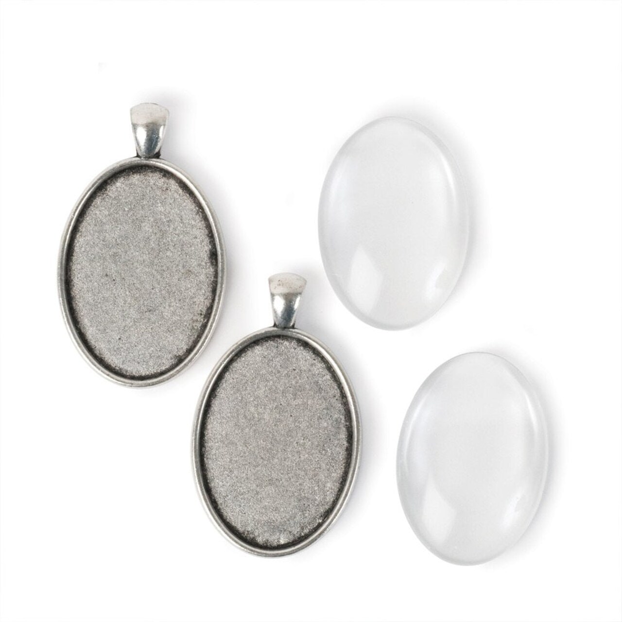 Picture Frame Pendants - Oval, Antiqued Imitation Silver, for 35x25mm Pictures - Set of Two